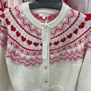Valentines Cream Cardigan with Red and Pink Patterns Hearts Hugs Kisses ❤️💕🌹